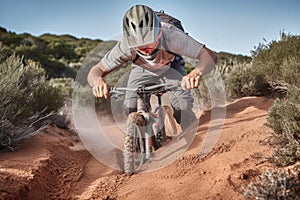 BMX Rider Kicking Up Dirt on Trail - Close-up Action Shot of Adrenaline-Fueled Trick on Dirt Trail