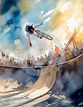 A BMX rider performs a daring trick mid-air above a ramp, captivating the crowd