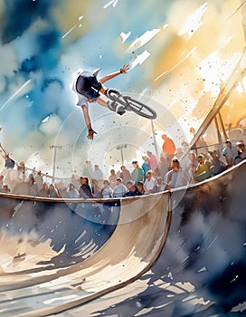 A BMX rider performs a daring trick mid-air above a ramp, captivating the crowd photo