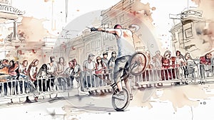 BMX rider performs a trick before an audience, showcasing skill and agility. The crowd watches in anticipation
