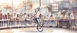 BMX rider performs a trick before an audience, showcasing skill and agility. The crowd watches in anticipation