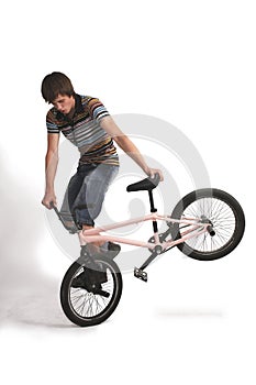 Bmx sportsman pointing with finger