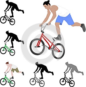 Bmx stunt bicyclist silhouette and color illustration