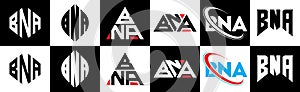 BNA letter logo design in six style. BNA polygon, circle, triangle, hexagon, flat and simple style with black and white color photo
