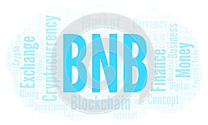 BNB or Binance Coin cryptocurrency coin word cloud.