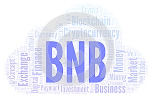 BNB or Binance Coin cryptocurrency coin word cloud.