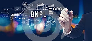 BNPL - Buy Now Pay Later theme with businessman at night