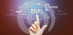 BNPL - Buy Now Pay Later theme with hand pressing a button