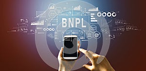 BNPL - Buy Now Pay Later theme with hand pressing a button