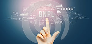 BNPL - Buy Now Pay Later theme with hand pressing a button