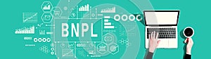 BNPL - Buy Now Pay Later theme with person using a laptop
