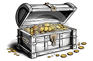 bnw engraving illustration of open pirate wooden chest with golden coins on white background