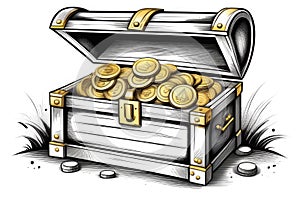 bnw engraving illustration of open pirate wooden chest with golden coins on white background