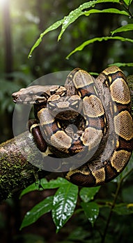 Boa constrictor (Boa constrictor) coiled on a moss-covered tree branch in a dense