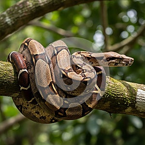 A boa constrictor (Boa constrictor) coiled on a moss-covered tree branch. The snake