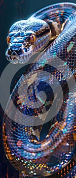 Boa constrictor with hologram projections, twilight, birdseye view, cyber fantasy , Prime Lenses
