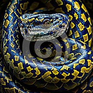 Boa snake close-up macro photography. Dark blue and yellow colors