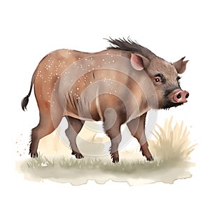 Boar in cartoon style. Cute Little Cartoon Boar (wild pig) isolated on white background. Watercolor drawing,