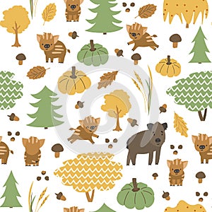 Boar family is in the forest seamless pattern. Autumn hog, little piglets animals are happy. Vector childish illustration of hand