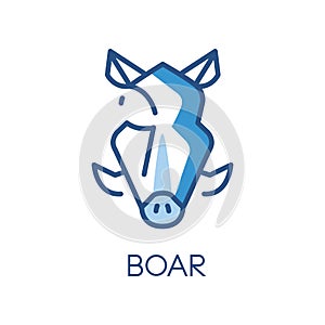 Boar logo design, blue label, badge or emblem with head of hog animal vector Illustration on a white background