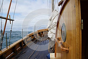 On board an ancient whaler sailing the Skjalfandi bay in northern Iceland photo