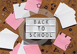 Board back to school, office supplies flat lay. Stickers, stationery. Workplace template clipart