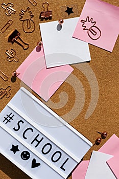 Board back to school, office supplies flat lay. Stickers, stationery. Workplace template with copy space mockup.