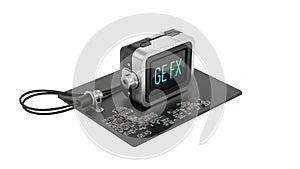 Board features various electronic components and printed labels