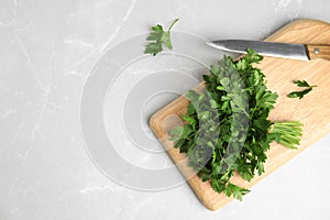 Board with fresh green parsley and knife on light background, flat lay.