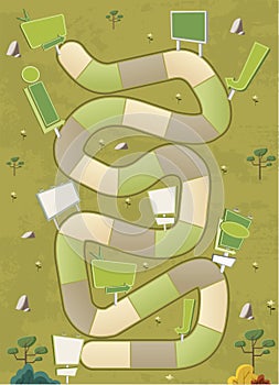 Board game with a block path on a green park with billboards. photo