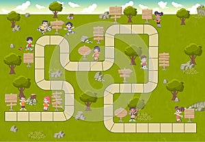 Board game with a block path on a green park with happy cartoon children