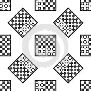 Board game of checkers icon seamless pattern on white background. Ancient Intellectual board game. Chess board. White
