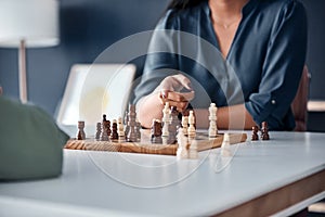 Board game, chess or business hands in office for thinking, planning or movement strategy. Work, partnership or friends