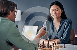 Board game, chess or business people in office for thinking, planning or movement strategy. Work, partnership or friends