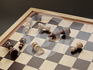 Board game of chess. Wooden chess pieces are lying on a chessboard. Concept logic, strategy, defeat