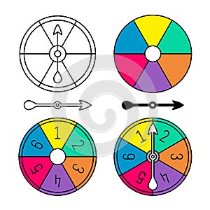 Board game color spinner with numbers set. Different style arrows and round body separate. Color sectors circle. photo