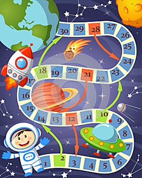 Board game with cosmonaut, ufo, rocket, planet and stars