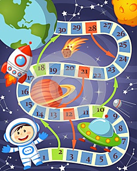 Board game with cosmonaut, ufo, rocket, planet and stars photo