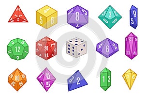 Board game dices. Various dice set for tabletop role playing games, geometric multi-sided dice isolated vector