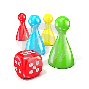 Board game figures with red dice. 3D render