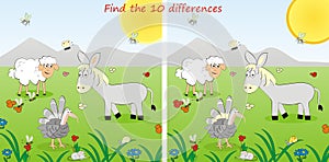 Board game, find ten differences, farm animals, eps.