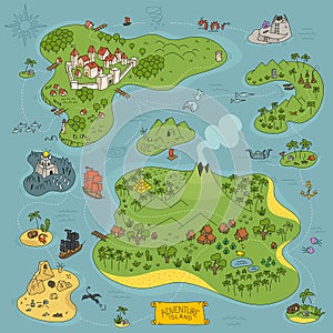 Board game kit. Adventure island map. Fantasy area. Pirates, sea monsters, mountains and city. Cartoon colored hand