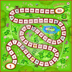 Board game for little children with a dice. Funny adventures with frogs. Printable page for baby book. Developing counting skills