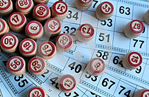 Board game lotto with cards and wooden kegs