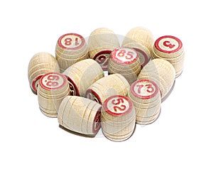 Board game lotto. Wooden barrels isolated on a white background. Gambling. Bingo