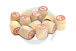 Board game lotto. Wooden barrels isolated on a white background. Gambling. Bingo