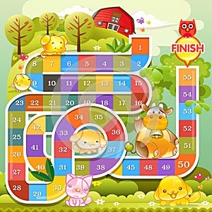 Board game with number blocking the path and funny animal farm  theme, Vector illustrator