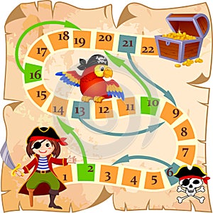 Board game with pirate, parrot, jolly roger and treasure chest