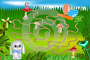 A board game with a rabbit. Easter. Maze game for kids with bunny and painted eggs