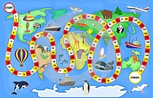 Board game vector gaming map boardgame with ocean or continents and snake gameboard illustration set of map-chart game